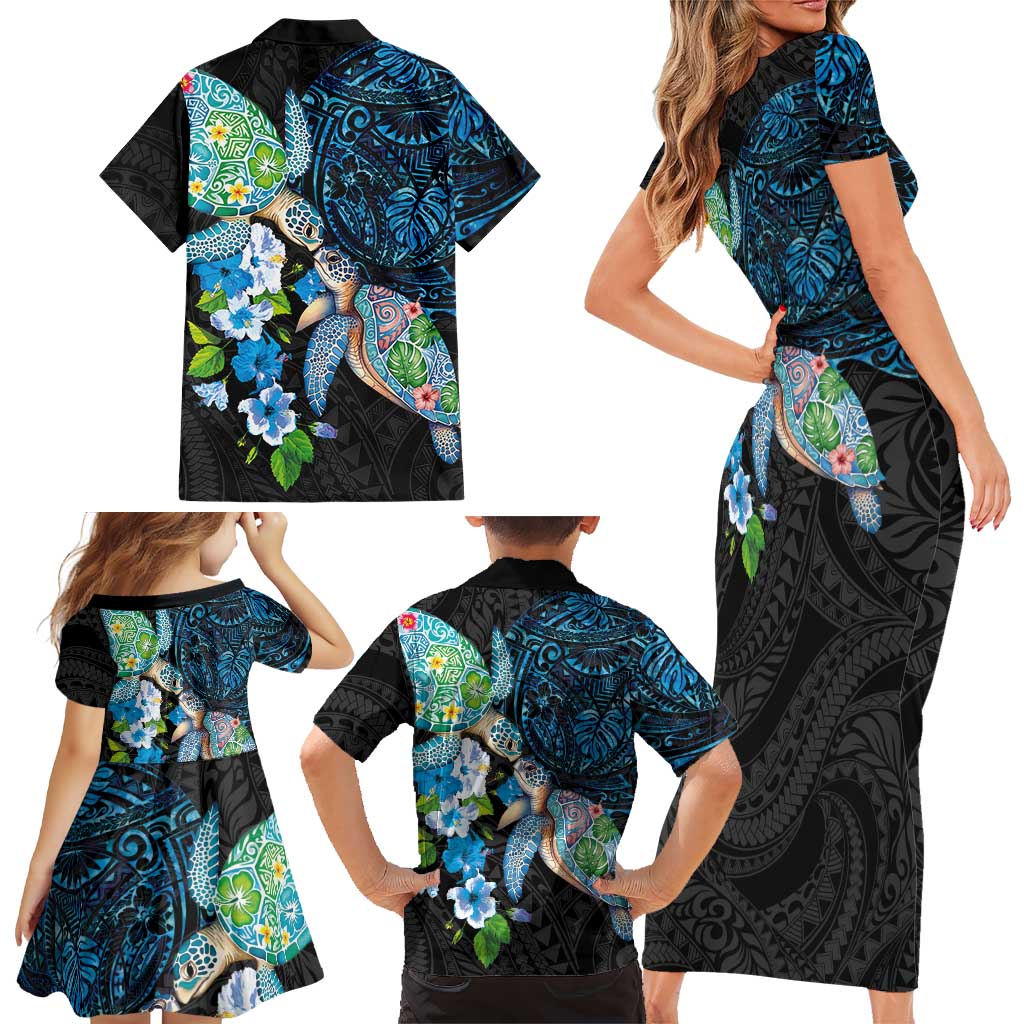 Hawaiian Couple Turtles Honi Family Matching Short Sleeve Bodycon Dress and Hawaiian Shirt Polynesian Art Motifs and Hibiscus Black Blue Color - Polynesian Pride