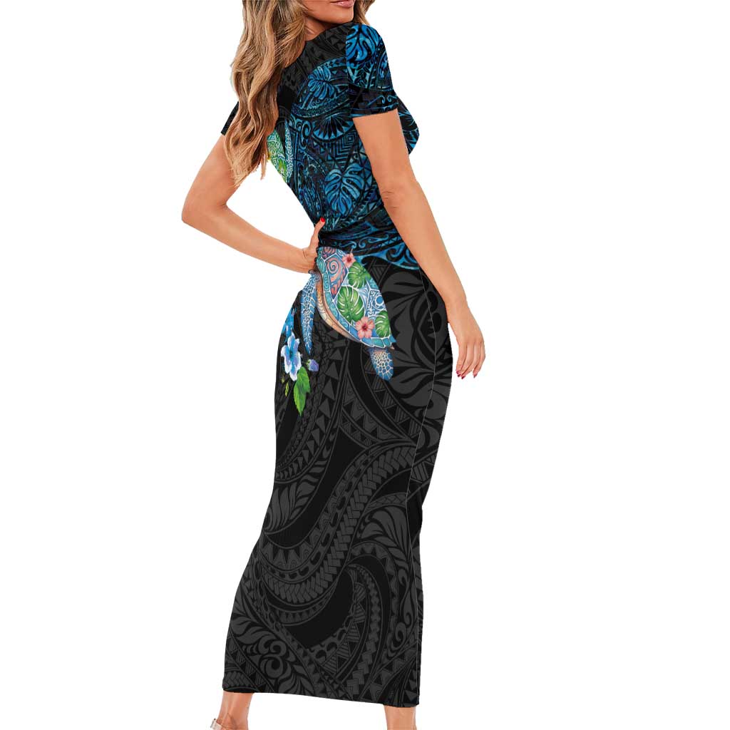 Hawaiian Couple Turtles Honi Family Matching Short Sleeve Bodycon Dress and Hawaiian Shirt Polynesian Art Motifs and Hibiscus Black Blue Color - Polynesian Pride