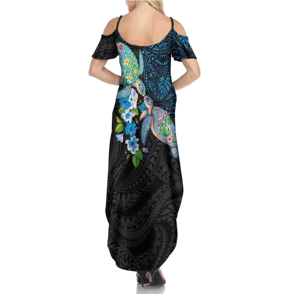 Hawaiian Couple Turtles Honi Family Matching Summer Maxi Dress and Hawaiian Shirt Polynesian Art Motifs and Hibiscus Black Blue Color - Polynesian Pride