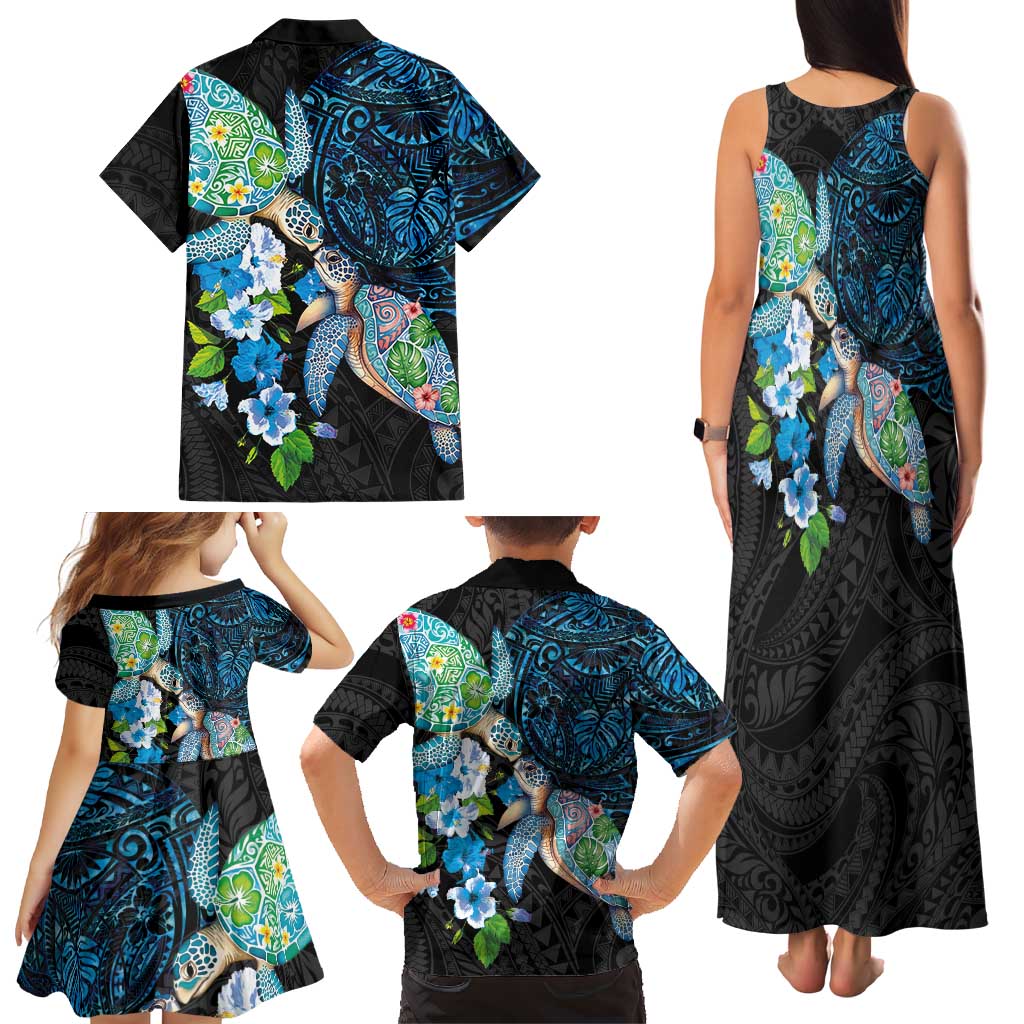 Hawaiian Couple Turtles Honi Family Matching Tank Maxi Dress and Hawaiian Shirt Polynesian Art Motifs and Hibiscus Black Blue Color - Polynesian Pride