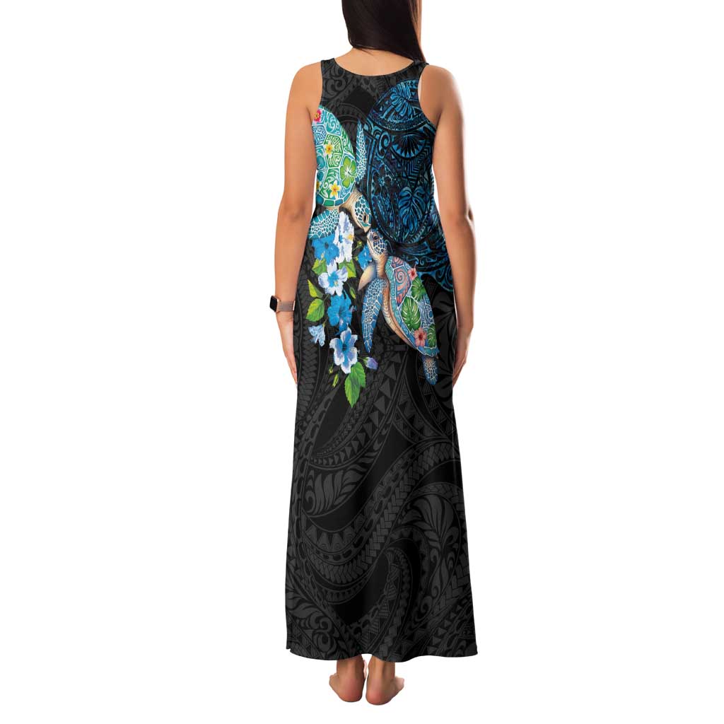Hawaiian Couple Turtles Honi Family Matching Tank Maxi Dress and Hawaiian Shirt Polynesian Art Motifs and Hibiscus Black Blue Color - Polynesian Pride