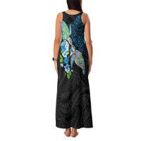 Hawaiian Couple Turtles Honi Family Matching Tank Maxi Dress and Hawaiian Shirt Polynesian Art Motifs and Hibiscus Black Blue Color - Polynesian Pride