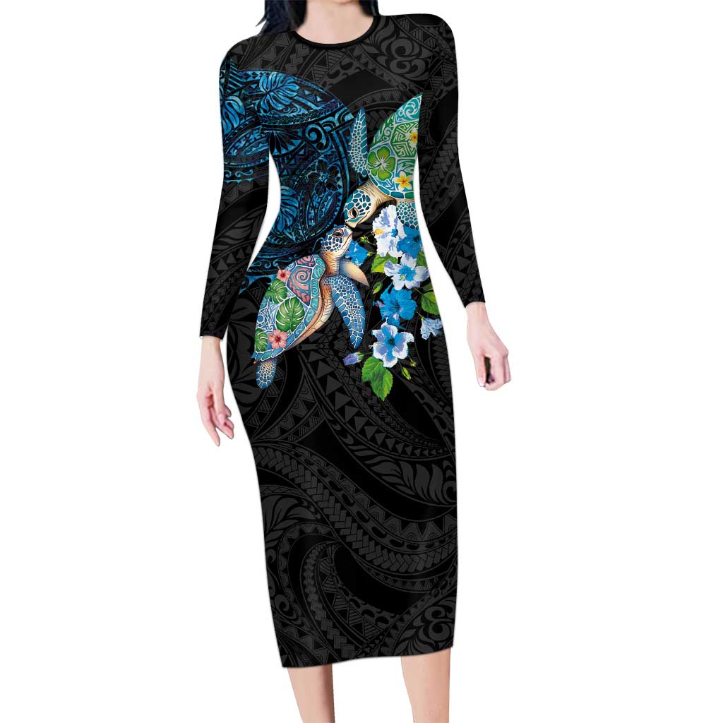Hawaiian Couple Turtles Honi Long Sleeve Bodycon Dress Polynesian Art Motifs and Hibiscus Black Blue Color - Polynesian Pride