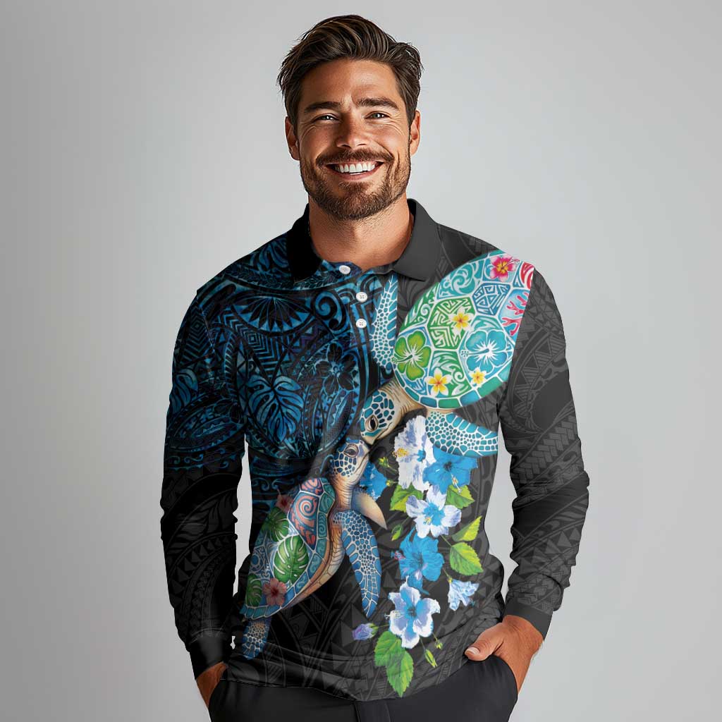 Hawaiian Couple Turtles Honi Long Sleeve Polo Shirt Polynesian Art Motifs and Hibiscus Black Blue Color - Polynesian Pride