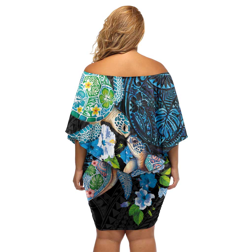 Hawaiian Couple Turtles Honi Off Shoulder Short Dress Polynesian Art Motifs and Hibiscus Black Blue Color - Polynesian Pride