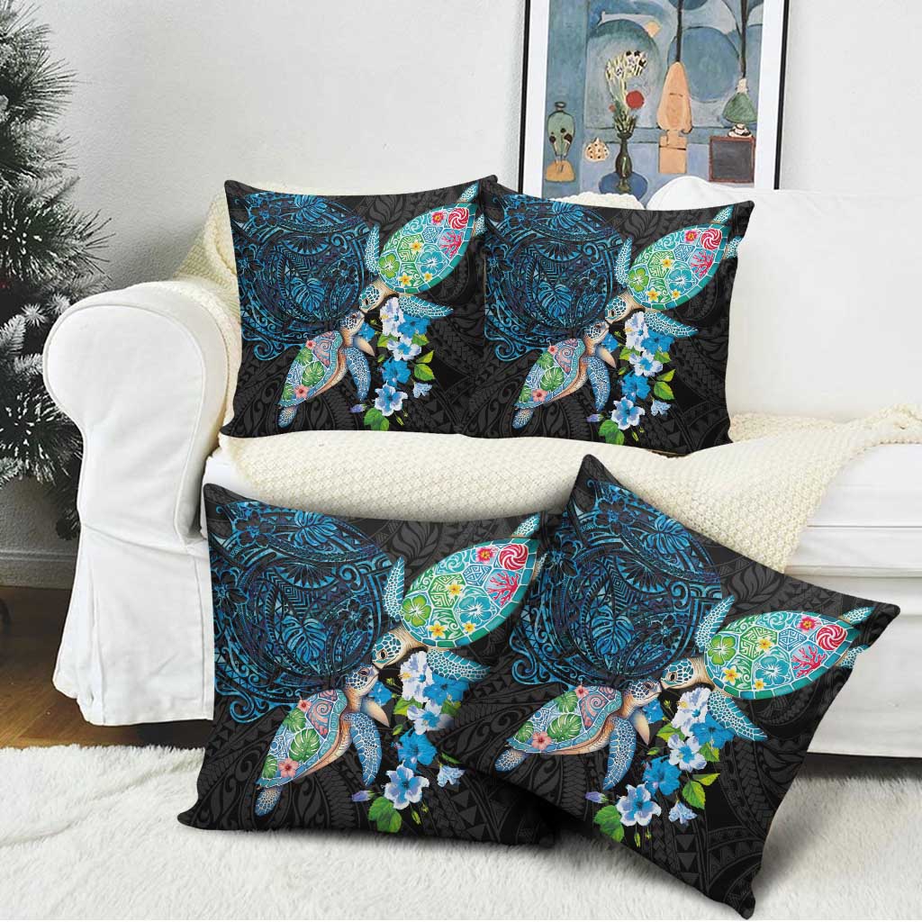 Hawaiian Couple Turtles Honi Pillow Cover Polynesian Art Motifs and Hibiscus Black Blue Color - Polynesian Pride