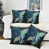 Hawaiian Couple Turtles Honi Pillow Cover Polynesian Art Motifs and Hibiscus Black Blue Color - Polynesian Pride
