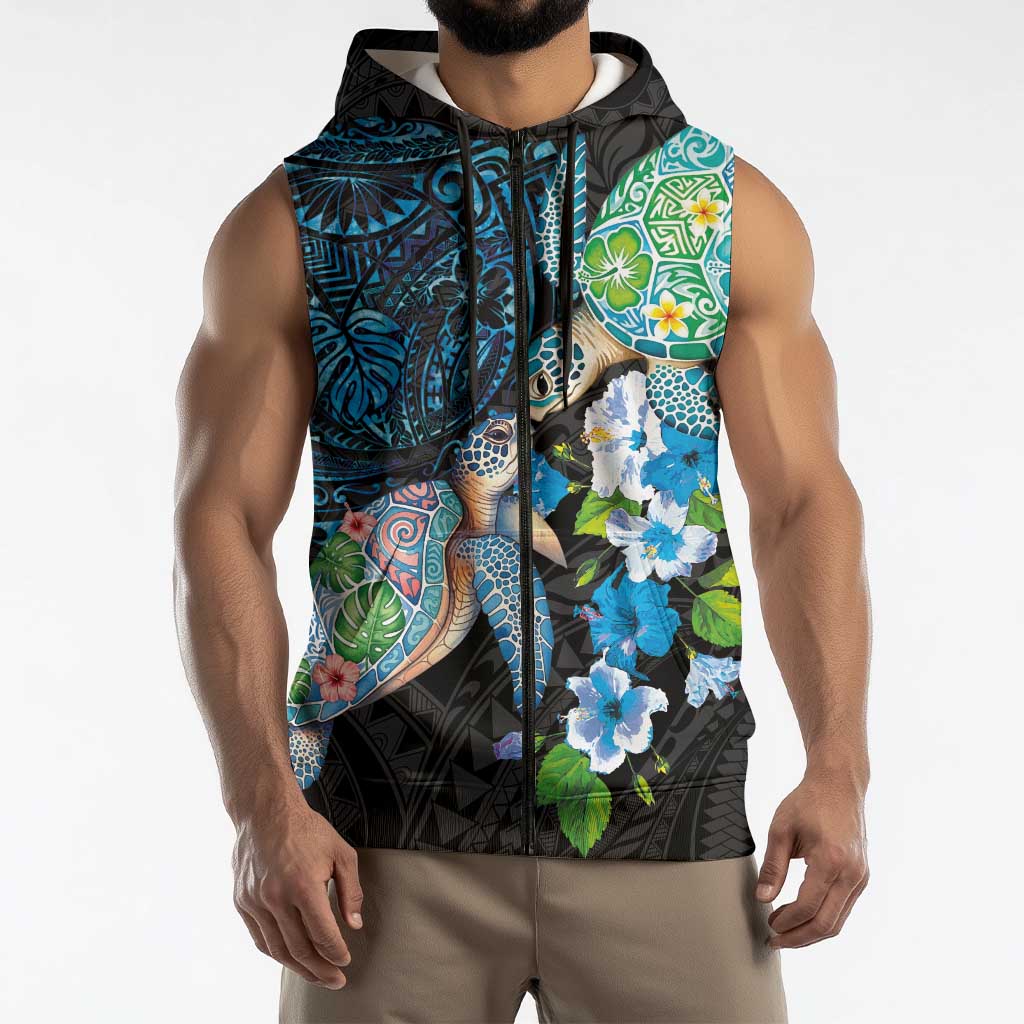 Hawaiian Couple Turtles Honi Sleeveless Zip Hoodie Polynesian Art Motifs and Hibiscus Black Blue Color - Polynesian Pride