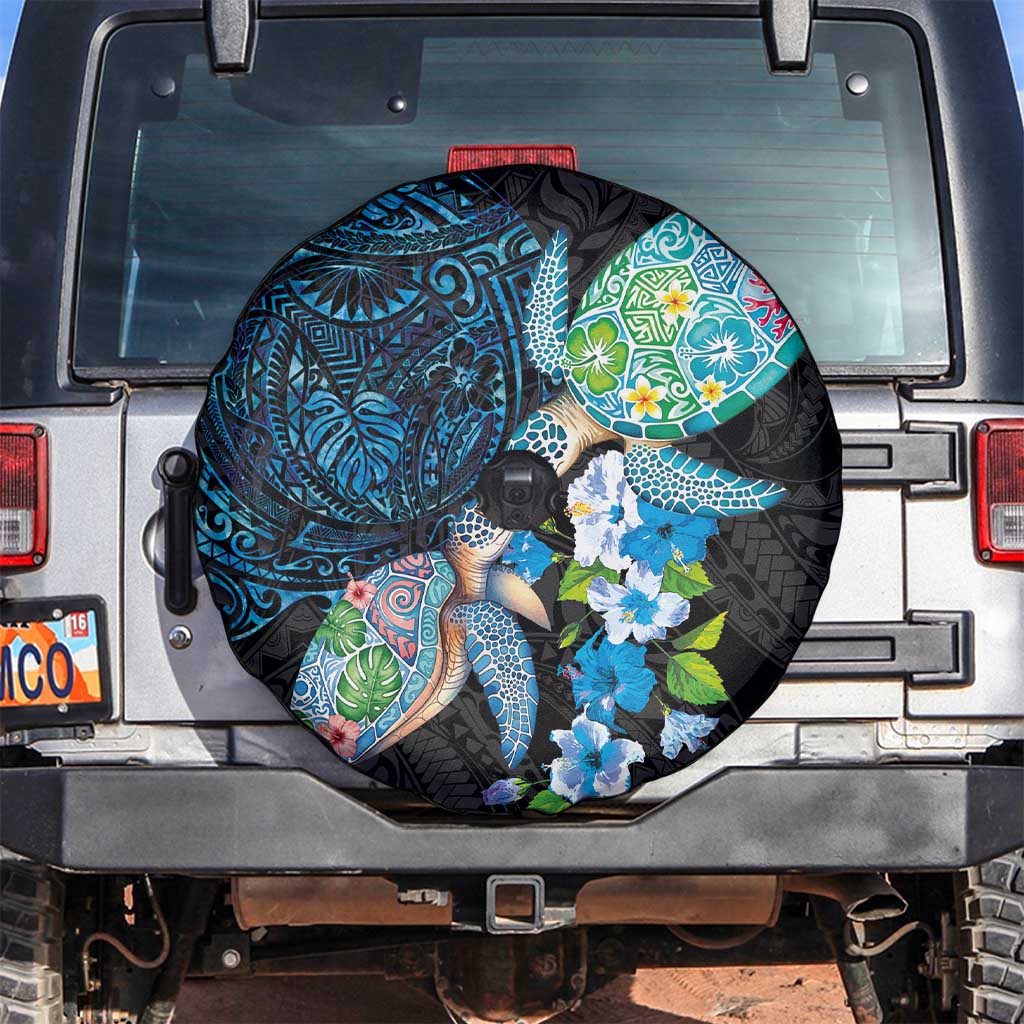 Hawaiian Couple Turtles Honi Spare Tire Cover Polynesian Art Motifs and Hibiscus Black Blue Color LT03 Black - Polynesian Pride