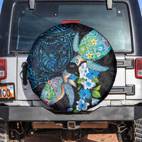 Hawaiian Couple Turtles Honi Spare Tire Cover Polynesian Art Motifs and Hibiscus Black Blue Color LT03 Black - Polynesian Pride