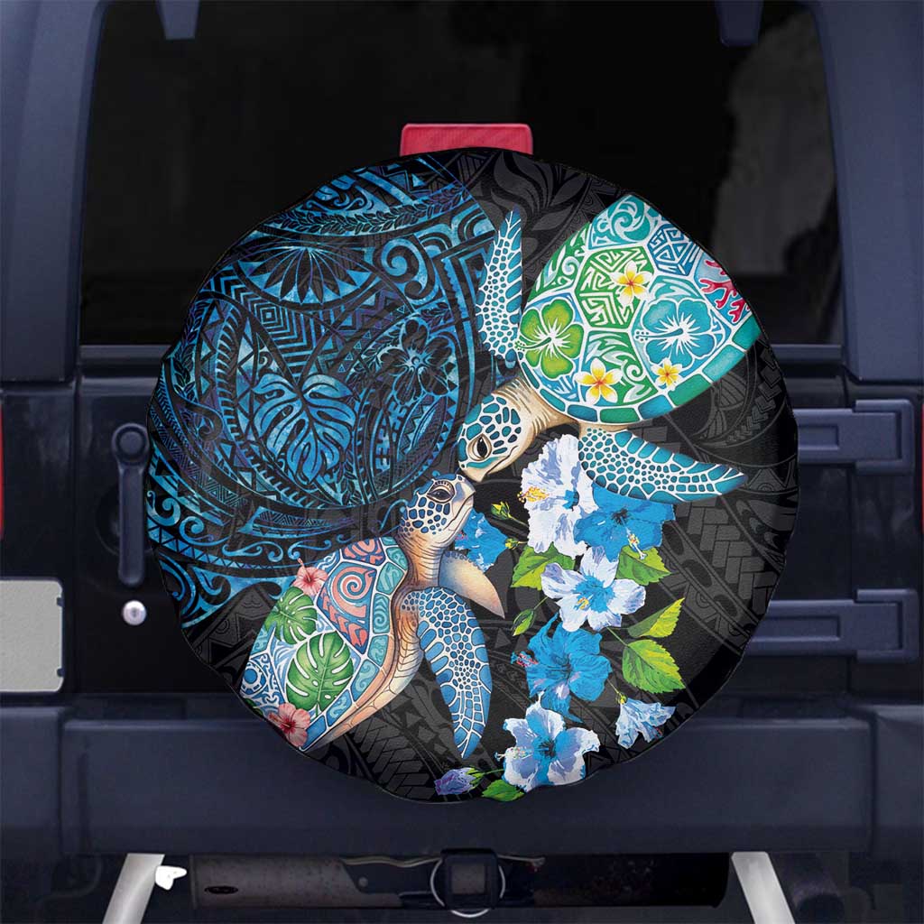 Hawaiian Couple Turtles Honi Spare Tire Cover Polynesian Art Motifs and Hibiscus Black Blue Color LT03 No hole Black - Polynesian Pride
