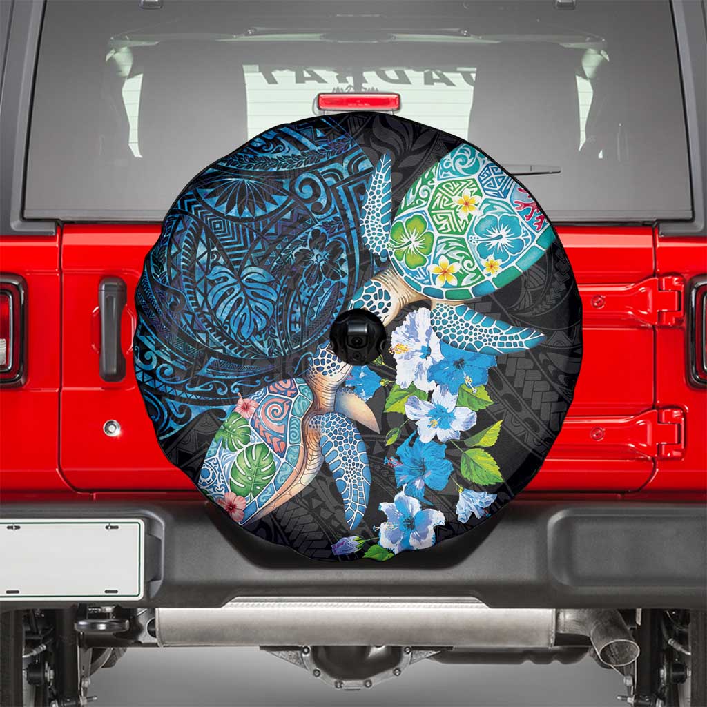 Hawaiian Couple Turtles Honi Spare Tire Cover Polynesian Art Motifs and Hibiscus Black Blue Color LT03 - Polynesian Pride