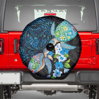 Hawaiian Couple Turtles Honi Spare Tire Cover Polynesian Art Motifs and Hibiscus Black Blue Color LT03 - Polynesian Pride