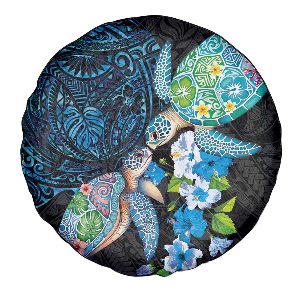 Hawaiian Couple Turtles Honi Spare Tire Cover Polynesian Art Motifs and Hibiscus Black Blue Color LT03 - Polynesian Pride