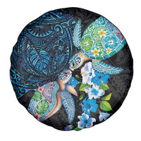 Hawaiian Couple Turtles Honi Spare Tire Cover Polynesian Art Motifs and Hibiscus Black Blue Color LT03 - Polynesian Pride