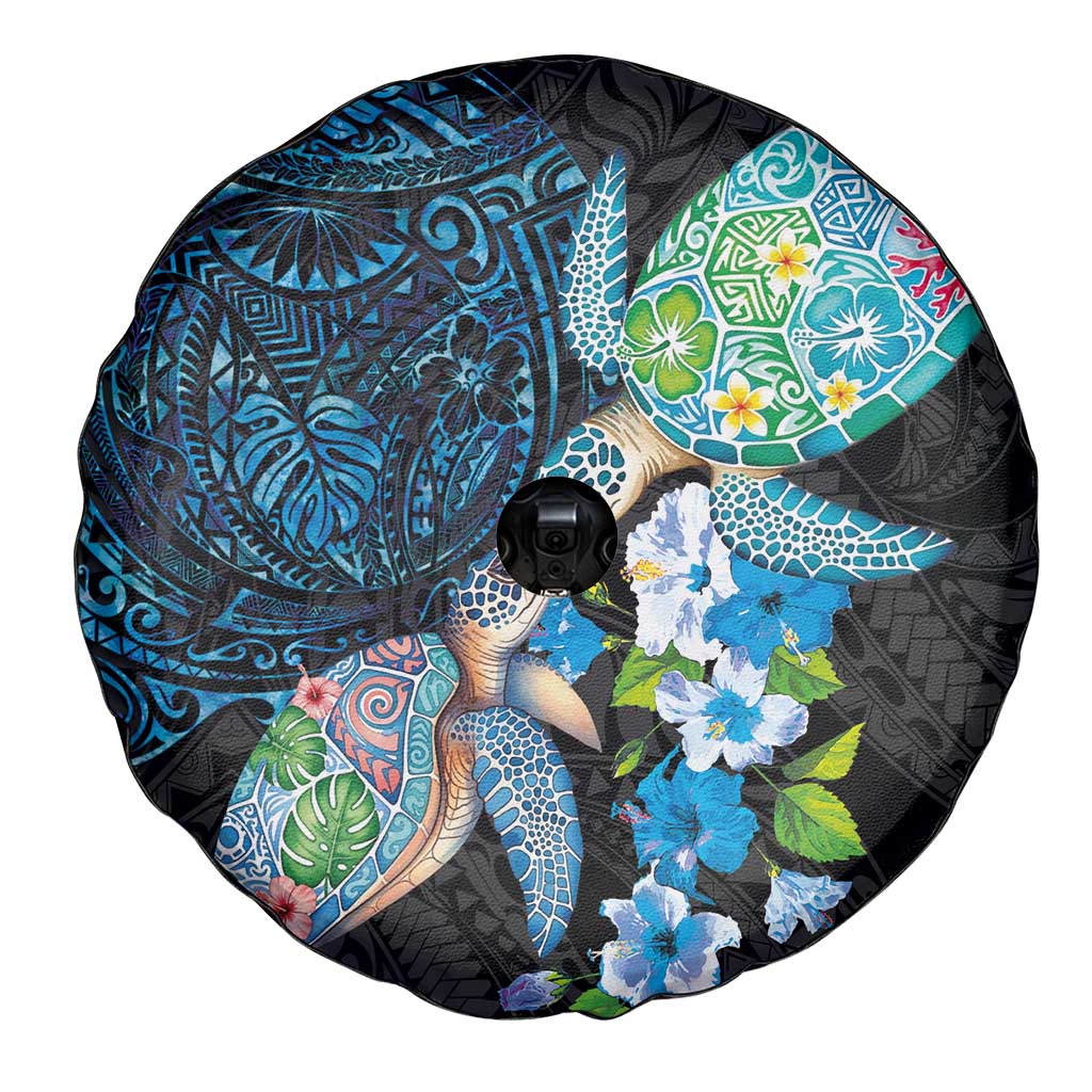 Hawaiian Couple Turtles Honi Spare Tire Cover Polynesian Art Motifs and Hibiscus Black Blue Color LT03 - Polynesian Pride