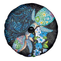 Hawaiian Couple Turtles Honi Spare Tire Cover Polynesian Art Motifs and Hibiscus Black Blue Color LT03 - Polynesian Pride
