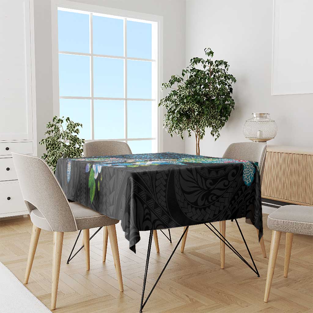 Hawaiian Couple Turtles Honi Tablecloth Polynesian Art Motifs and Hibiscus Black Blue Color LT03 - Polynesian Pride