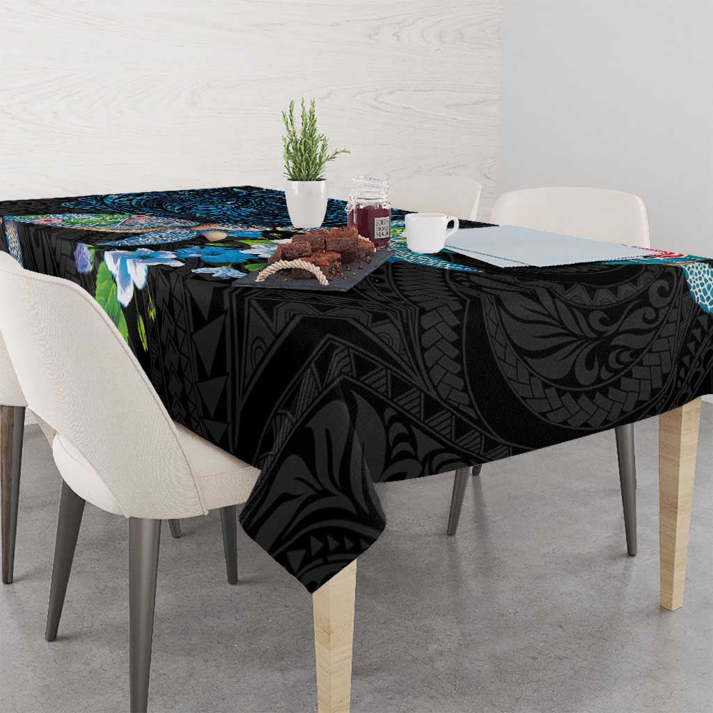 Hawaiian Couple Turtles Honi Tablecloth Polynesian Art Motifs and Hibiscus Black Blue Color LT03 - Polynesian Pride