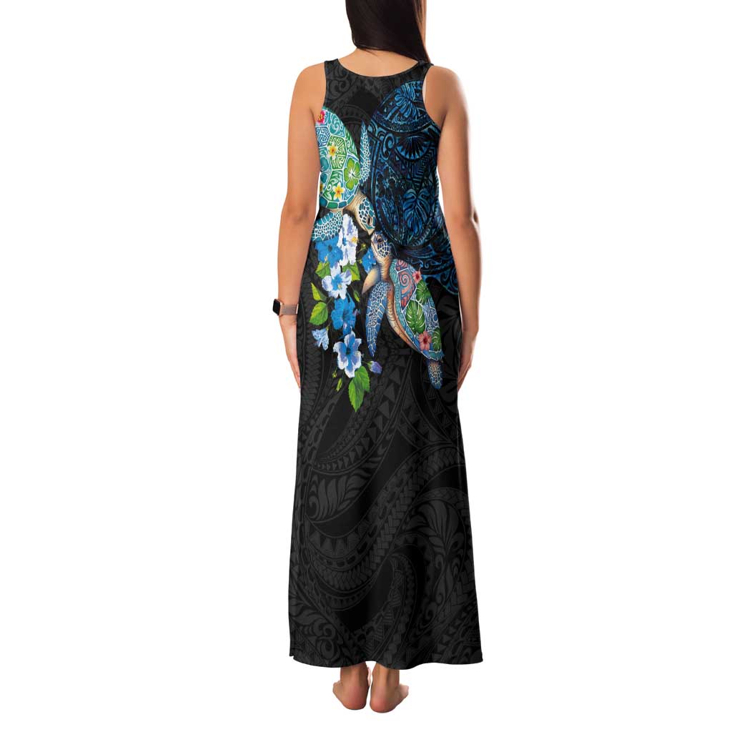 Hawaiian Couple Turtles Honi Tank Maxi Dress Polynesian Art Motifs and Hibiscus Black Blue Color - Polynesian Pride