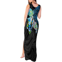 Hawaiian Couple Turtles Honi Tank Maxi Dress Polynesian Art Motifs and Hibiscus Black Blue Color - Polynesian Pride