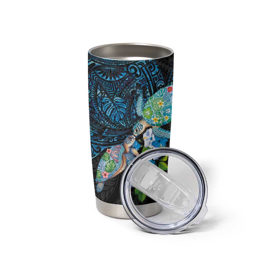 Hawaiian Couple Turtles Honi Tumbler Cup Polynesian Art Motifs and Hibiscus Black Blue Color - Polynesian Pride