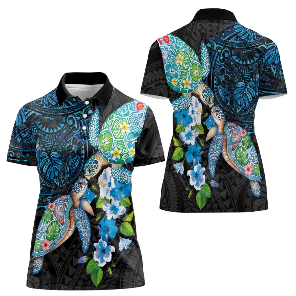 Hawaiian Couple Turtles Honi Women Polo Shirt Polynesian Art Motifs and Hibiscus Black Blue Color - Polynesian Pride