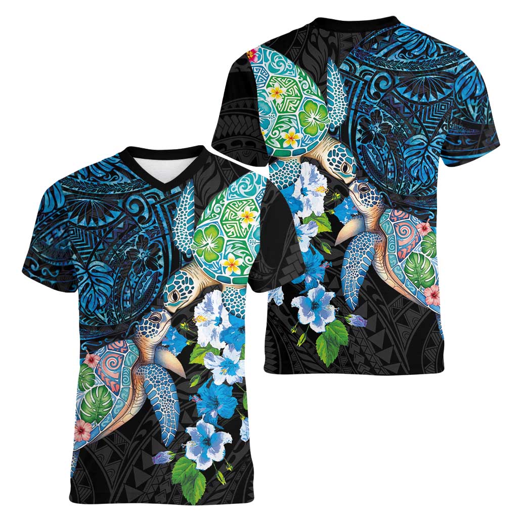 Hawaiian Couple Turtles Honi Women V-Neck T-Shirt Polynesian Art Motifs and Hibiscus Black Blue Color - Polynesian Pride