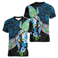 Hawaiian Couple Turtles Honi Women V-Neck T-Shirt Polynesian Art Motifs and Hibiscus Black Blue Color - Polynesian Pride