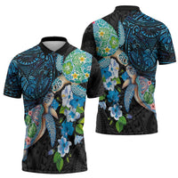 Hawaiian Couple Turtles Honi Zipper Polo Shirt Polynesian Art Motifs and Hibiscus Black Blue Color - Polynesian Pride