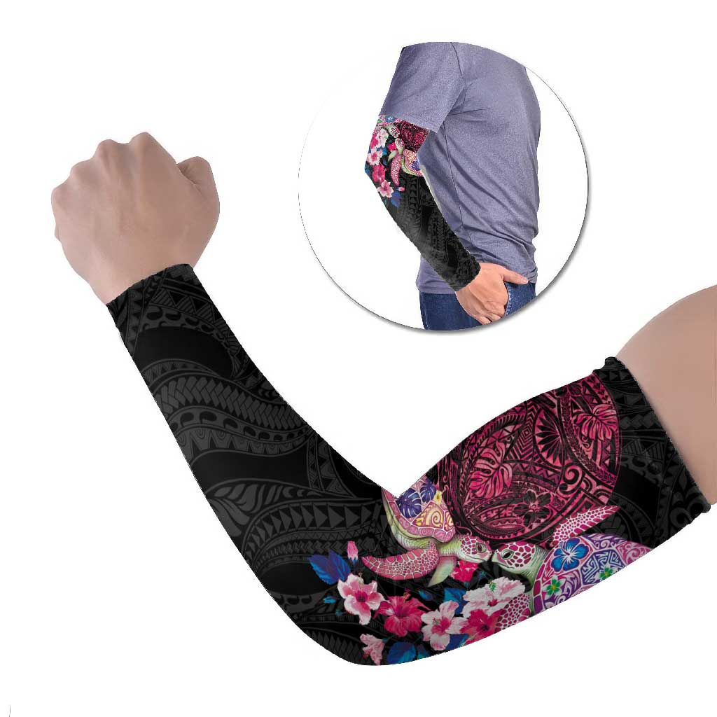 Hawaiian Couple Turtles Honi Arm Sleeves Polynesian Art Motifs and Hibiscus Black Red Color - Polynesian Pride