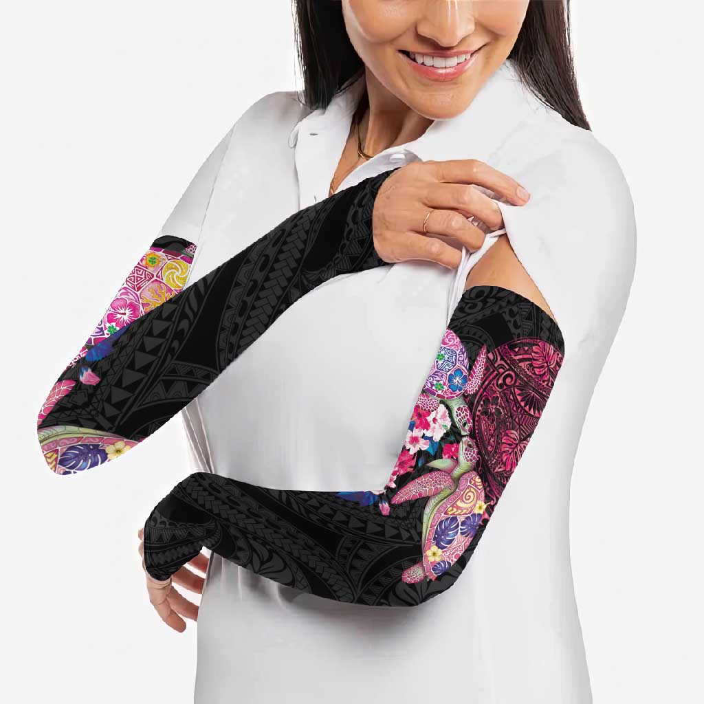 Hawaiian Couple Turtles Honi Arm Sleeves Polynesian Art Motifs and Hibiscus Black Red Color - Polynesian Pride