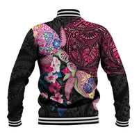 Hawaiian Couple Turtles Honi Baseball Jacket Polynesian Art Motifs and Hibiscus Black Red Color - Polynesian Pride