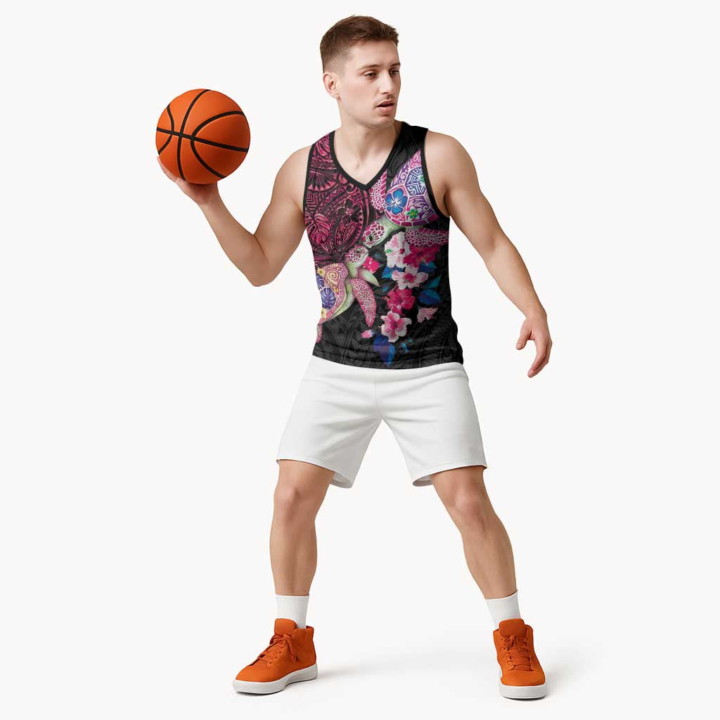 Hawaiian Couple Turtles Honi Basketball Jersey Polynesian Art Motifs and Hibiscus Black Red Color - Polynesian Pride