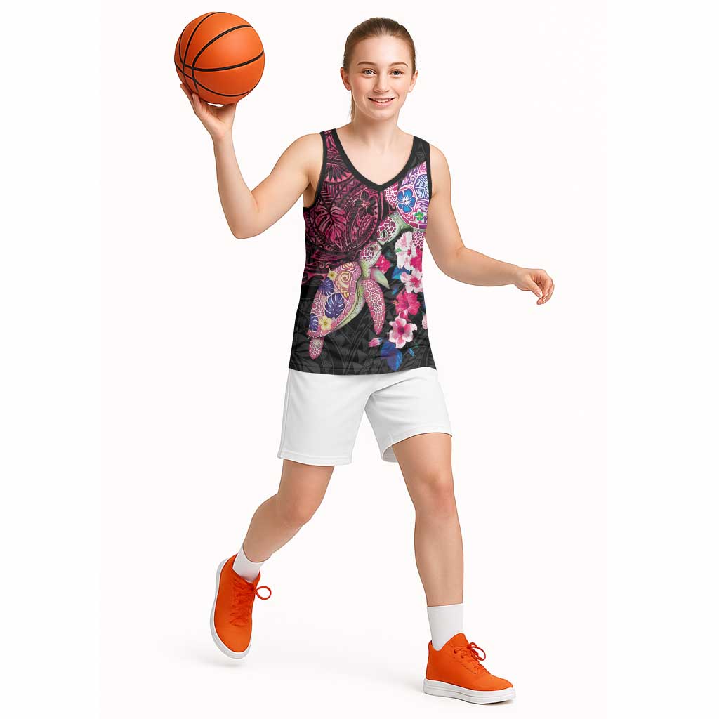 Hawaiian Couple Turtles Honi Basketball Jersey Polynesian Art Motifs and Hibiscus Black Red Color - Polynesian Pride