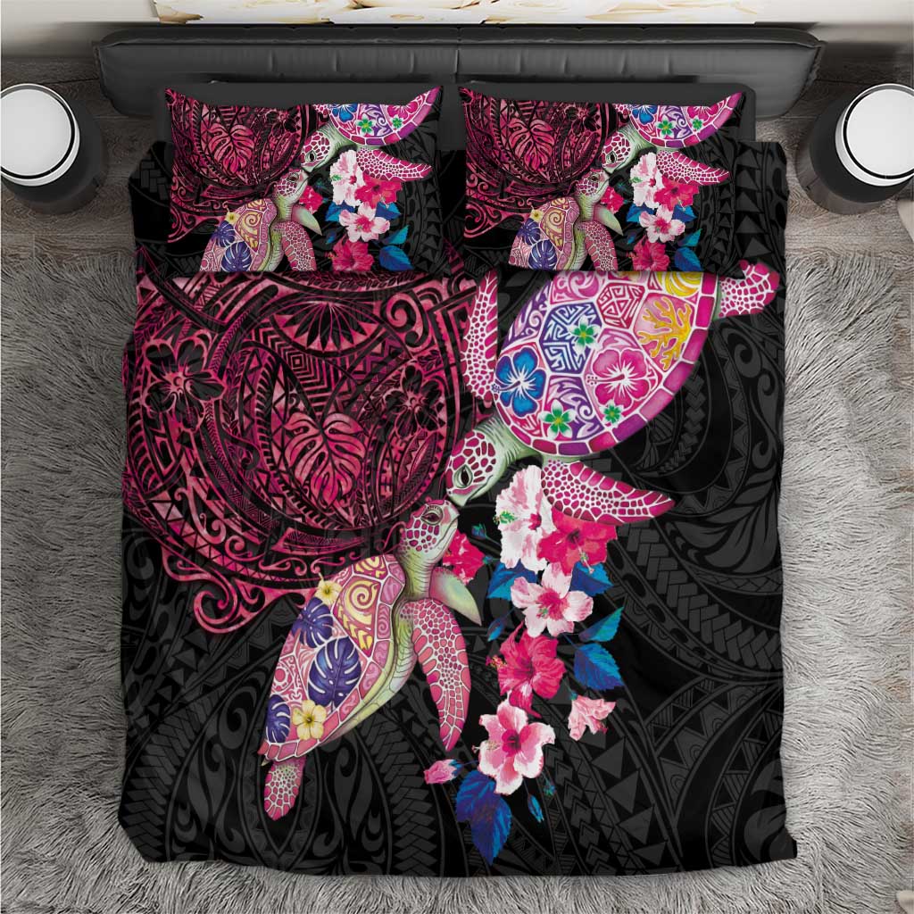 Hawaiian Couple Turtles Honi Bedding Set Polynesian Art Motifs and Hibiscus Black Red Color LT03 Black - Polynesian Pride