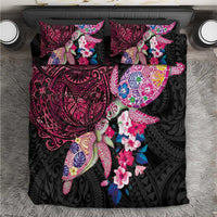 Hawaiian Couple Turtles Honi Bedding Set Polynesian Art Motifs and Hibiscus Black Red Color LT03 Black - Polynesian Pride