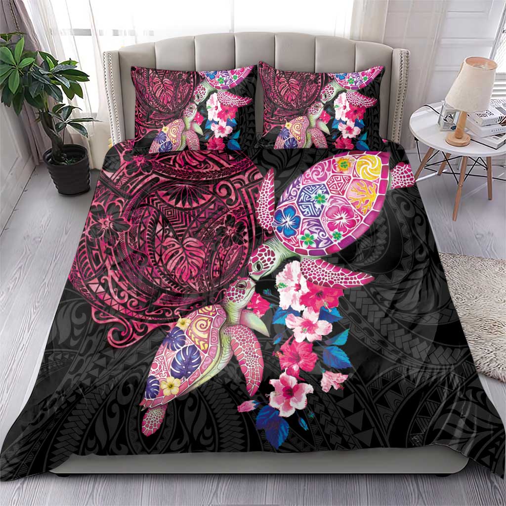 Hawaiian Couple Turtles Honi Bedding Set Polynesian Art Motifs and Hibiscus Black Red Color LT03 - Polynesian Pride