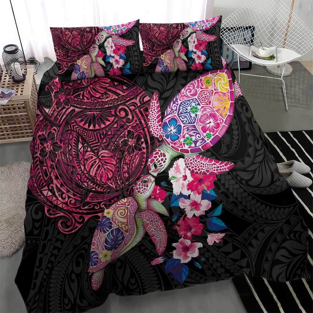 Hawaiian Couple Turtles Honi Bedding Set Polynesian Art Motifs and Hibiscus Black Red Color LT03 - Polynesian Pride