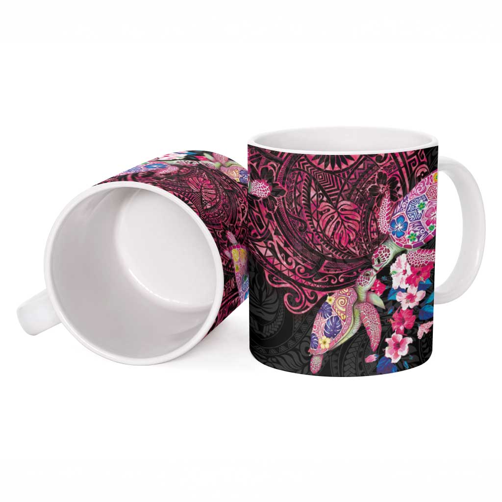 Hawaiian Couple Turtles Honi Ceramic Mug Polynesian Art Motifs and Hibiscus Black Red Color - Polynesian Pride