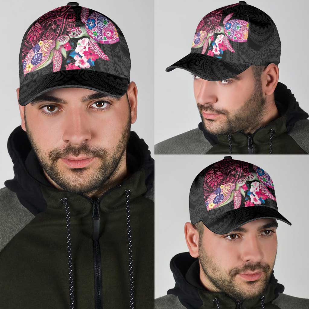 Hawaiian Couple Turtles Honi Classic Cap Polynesian Art Motifs and Hibiscus Black Red Color - Polynesian Pride