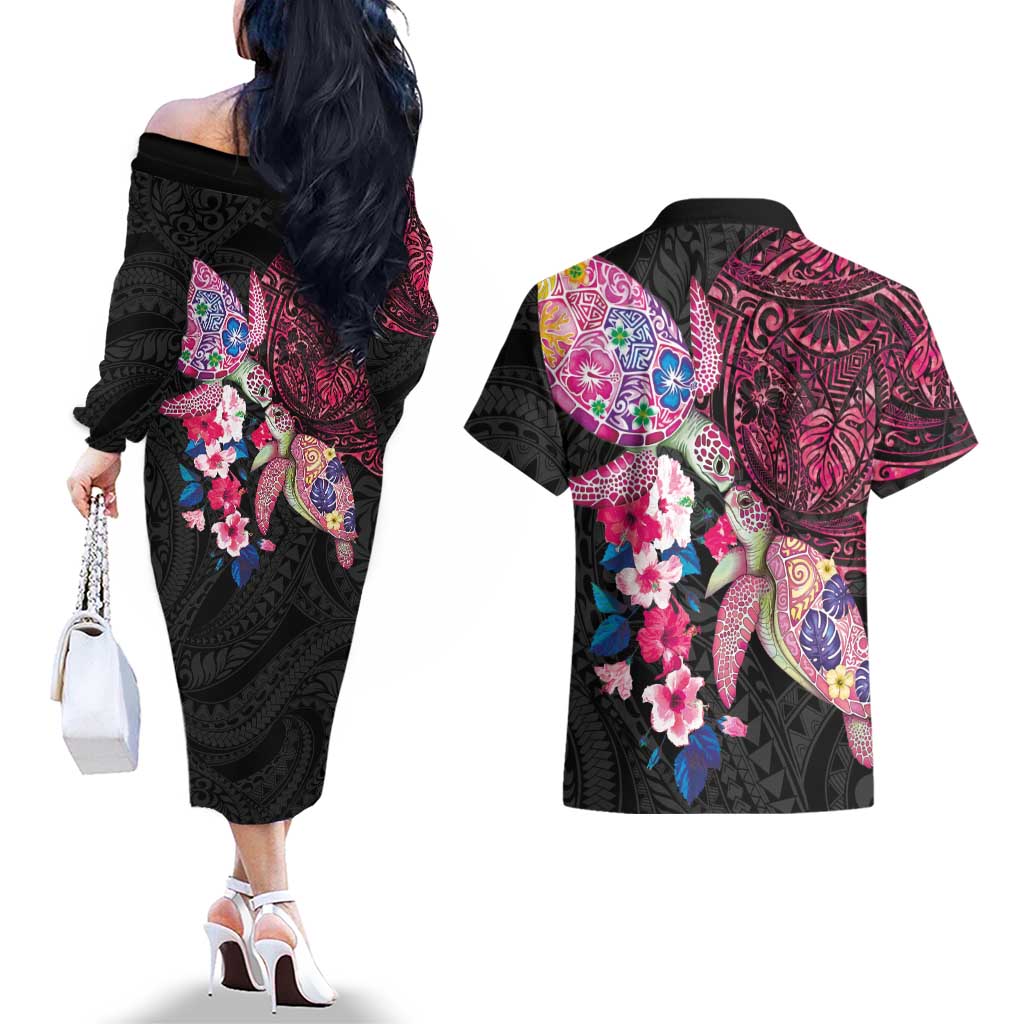 Hawaiian Couple Turtles Honi Couples Matching Off The Shoulder Long Sleeve Dress and Hawaiian Shirt Polynesian Art Motifs and Hibiscus Black Red Color - Polynesian Pride