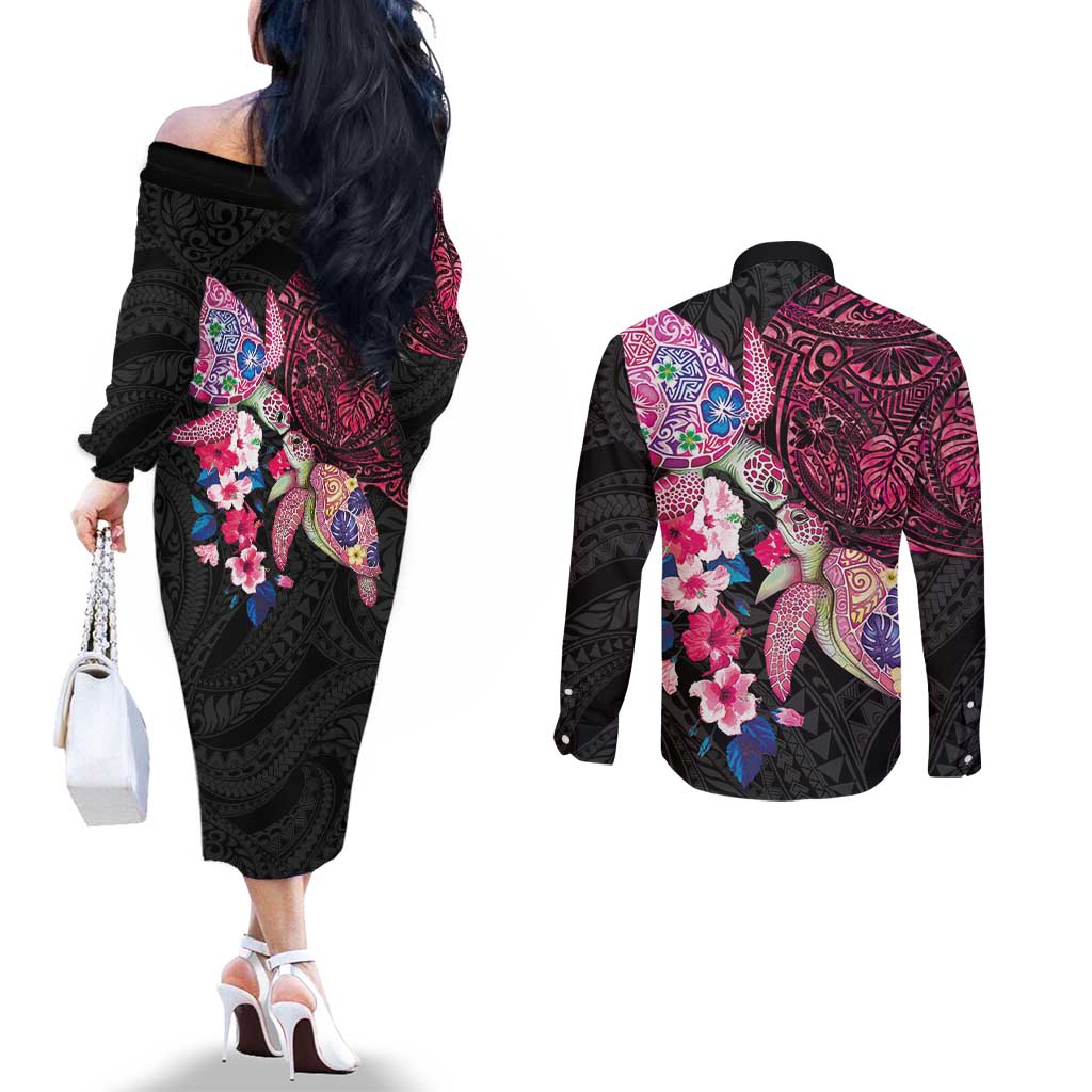 Hawaiian Couple Turtles Honi Couples Matching Off The Shoulder Long Sleeve Dress and Long Sleeve Button Shirt Polynesian Art Motifs and Hibiscus Black Red Color - Polynesian Pride