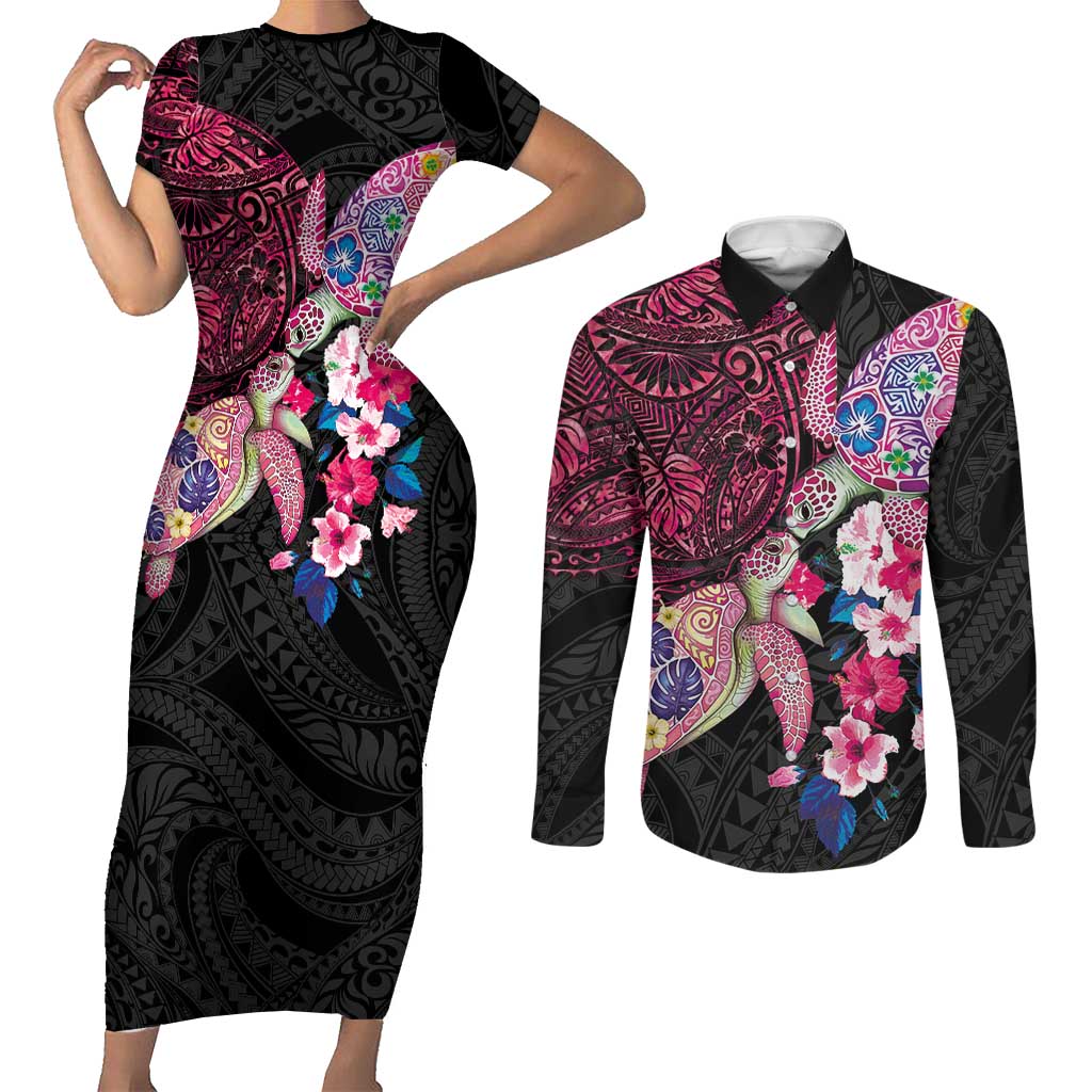 Hawaiian Couple Turtles Honi Couples Matching Short Sleeve Bodycon Dress and Long Sleeve Button Shirt Polynesian Art Motifs and Hibiscus Black Red Color - Polynesian Pride