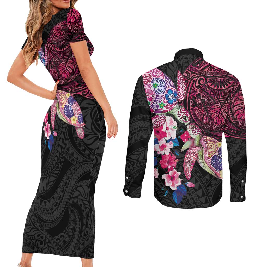 Hawaiian Couple Turtles Honi Couples Matching Short Sleeve Bodycon Dress and Long Sleeve Button Shirt Polynesian Art Motifs and Hibiscus Black Red Color - Polynesian Pride