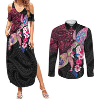 Hawaiian Couple Turtles Honi Couples Matching Summer Maxi Dress and Long Sleeve Button Shirt Polynesian Art Motifs and Hibiscus Black Red Color - Polynesian Pride