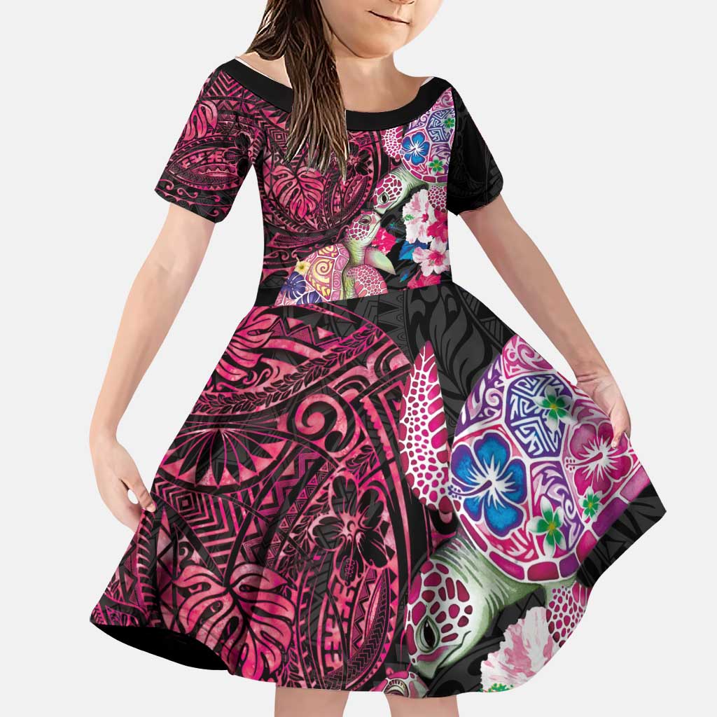 Hawaiian Couple Turtles Honi Family Matching Long Sleeve Bodycon Dress and Hawaiian Shirt Polynesian Art Motifs and Hibiscus Black Red Color LT03 Daughter's Dress Black - Polynesian Pride