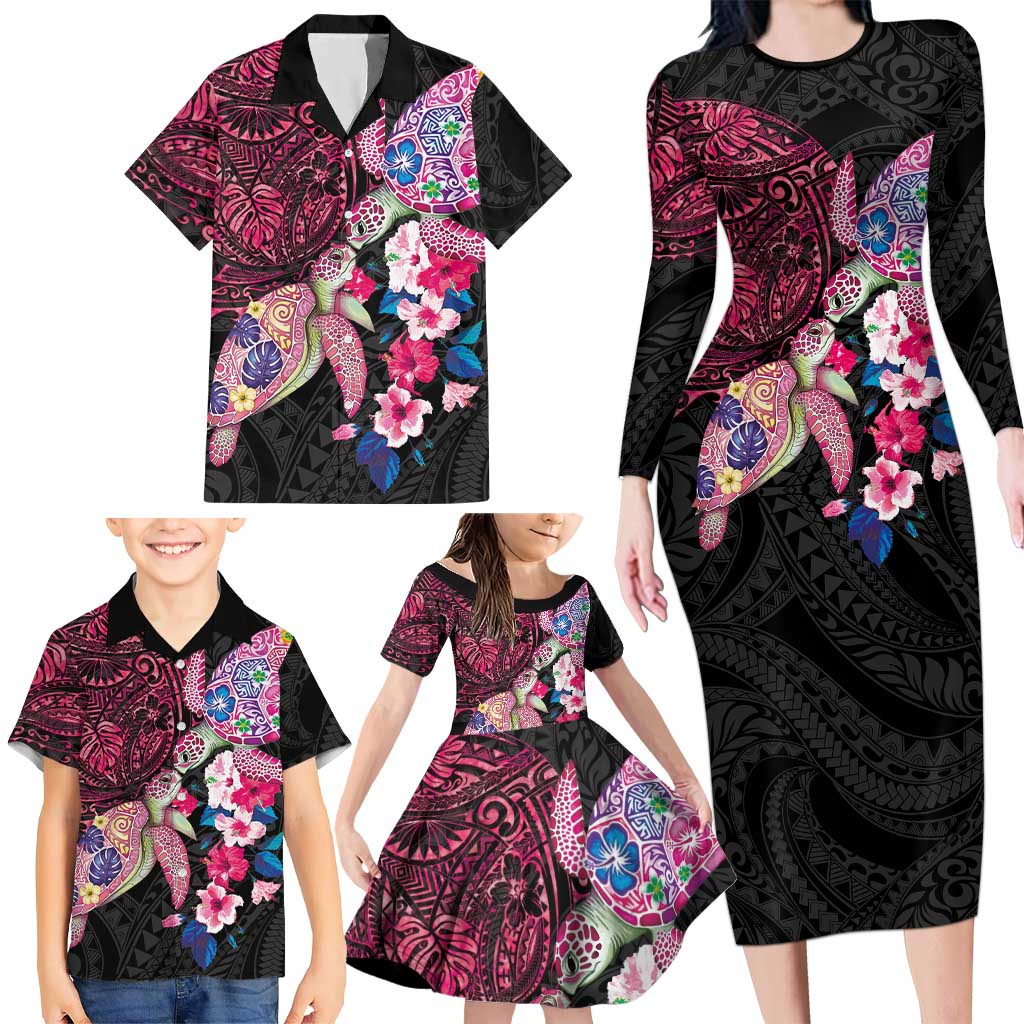 Hawaiian Couple Turtles Honi Family Matching Long Sleeve Bodycon Dress and Hawaiian Shirt Polynesian Art Motifs and Hibiscus Black Red Color LT03 - Polynesian Pride