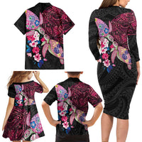 Hawaiian Couple Turtles Honi Family Matching Long Sleeve Bodycon Dress and Hawaiian Shirt Polynesian Art Motifs and Hibiscus Black Red Color LT03 - Polynesian Pride