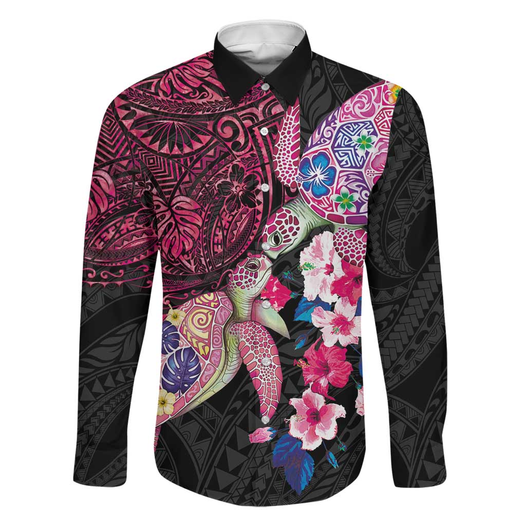 Hawaiian Couple Turtles Honi Family Matching Long Sleeve Bodycon Dress and Hawaiian Shirt Polynesian Art Motifs and Hibiscus Black Red Color LT03 Dad's Shirt - Long Sleeve Black - Polynesian Pride